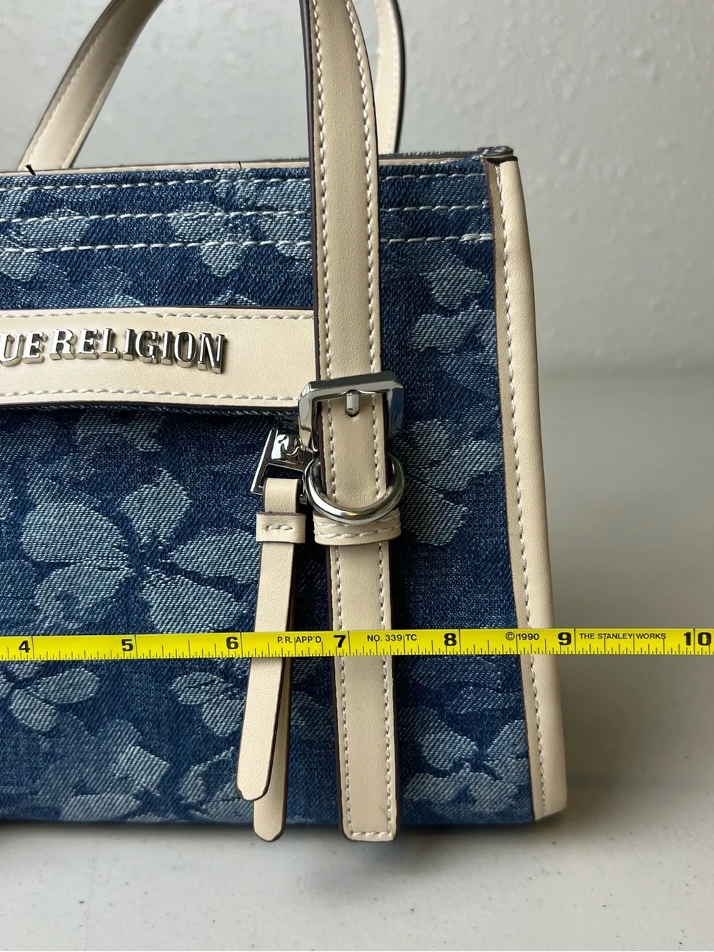 True Religion Blue Floral Denim Tote Purse Shoulder Bag with Cream Trim